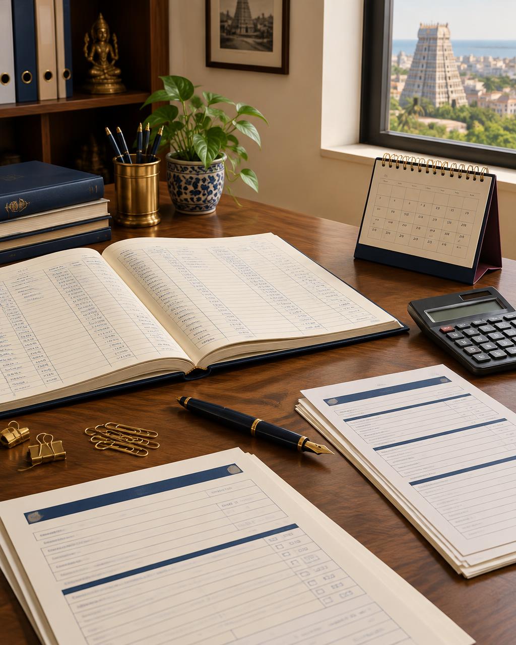 A carefully organised tax consultant's ledger, calendar and desk